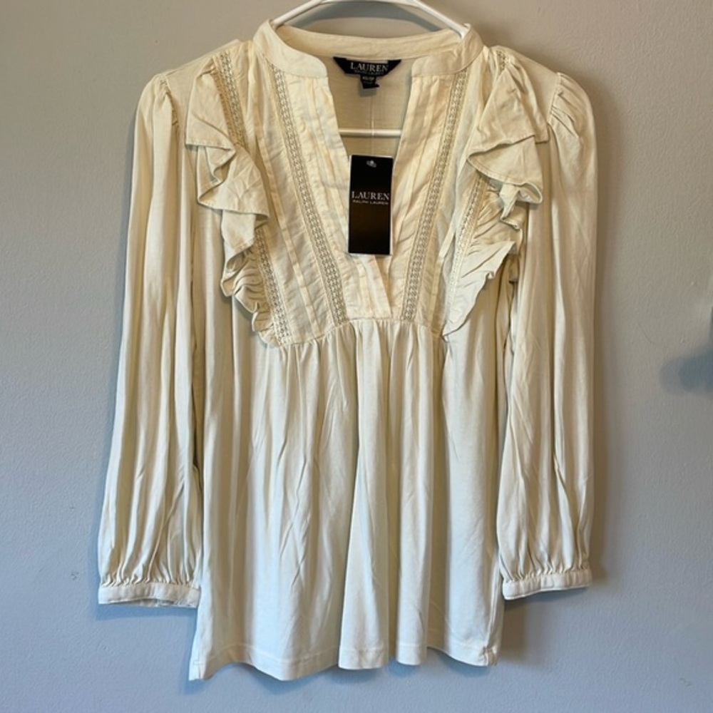 NWT Lauren By Ralph Lauren 3/4 Sleeve BOHO top Sz XS Cream Peasant Neutral Fairy